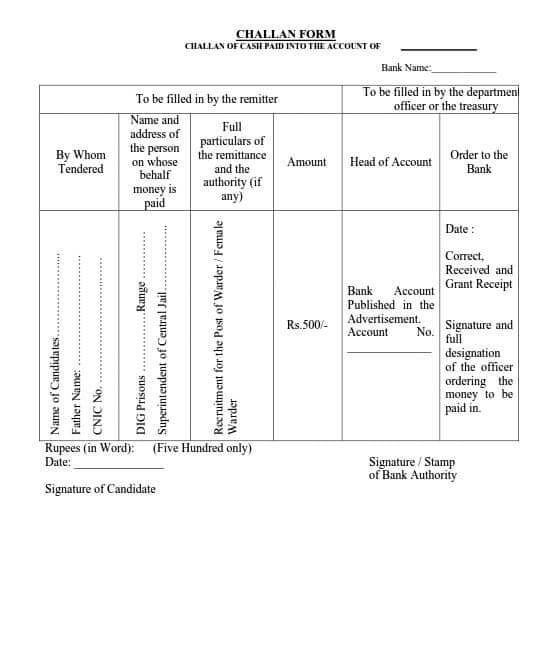 Challan Form for Deposit of Fee 001