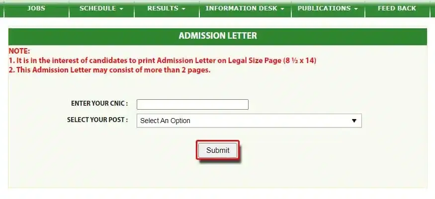 click on submit to download ppsc admission letter